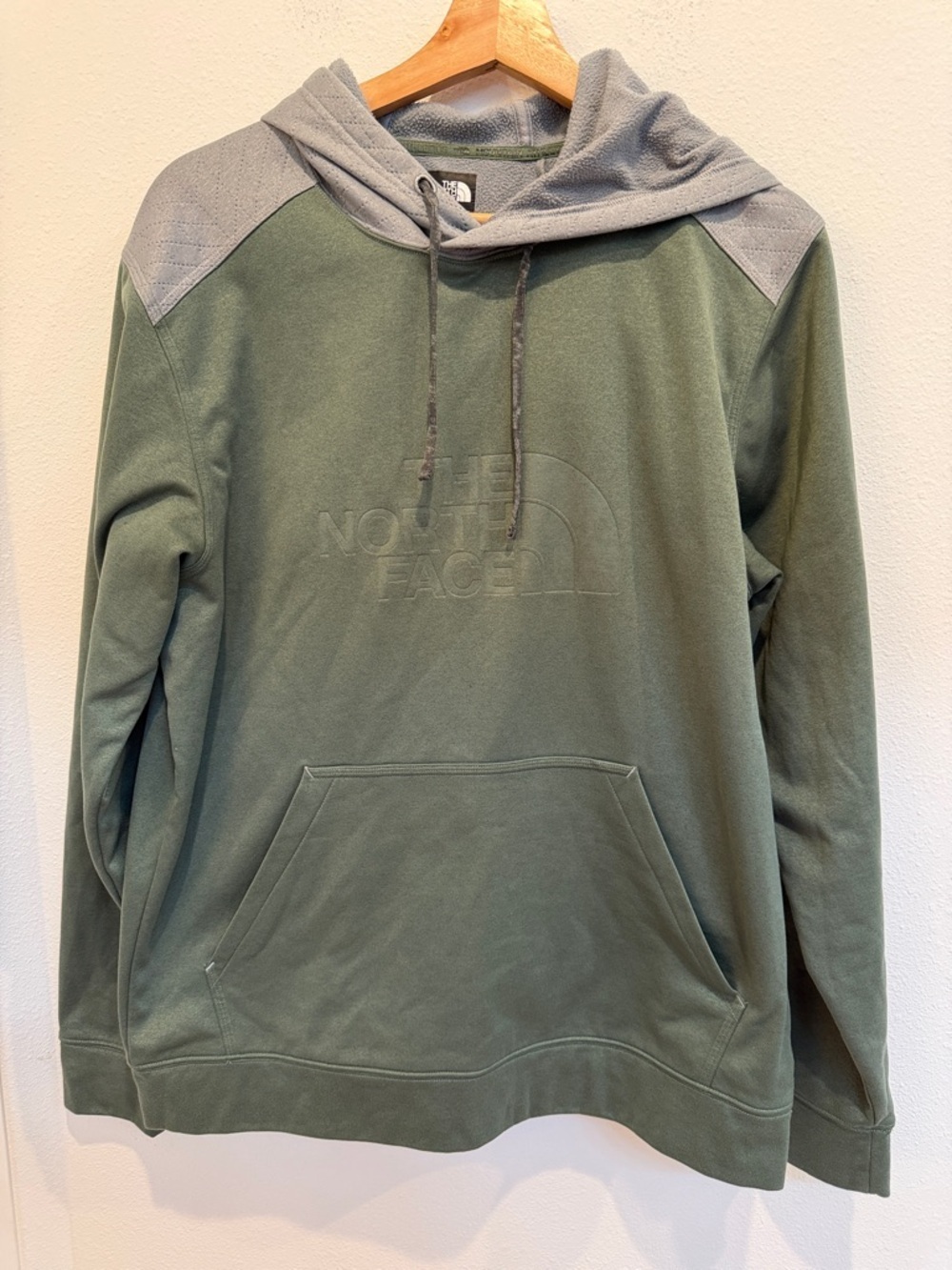 The North Face Olive Green Hoodie with Gray Hood and Shoulder Panels